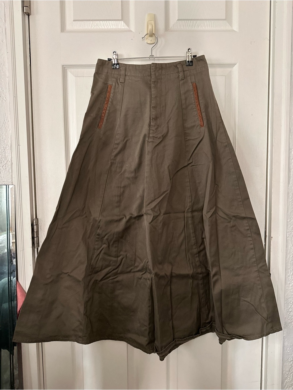 Vintage Banana Republic Olive A-Line Maxi Skirt with Brown Pocket Trim